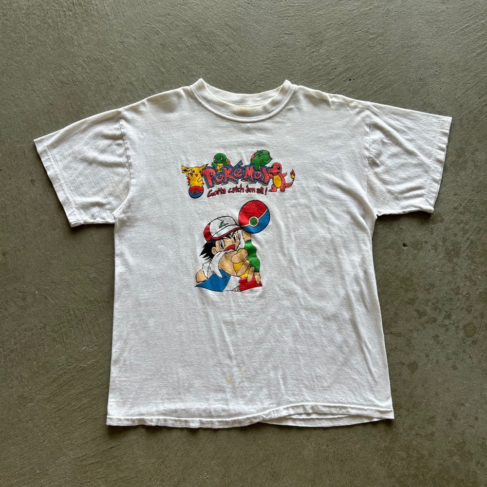 Vintage 90s Pokemon Bootleg Shirt Size Large White Ash Ketchum Pikachu Charizard